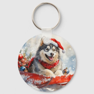 Chaveiro Malamute do Alasca em Trenó Deixe Nevar Natal