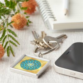 Chaveiro Mandala azul dourado em Fundo de Ouro Suave