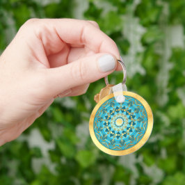 Chaveiro Mandala azul dourado em Fundo de Ouro Suave