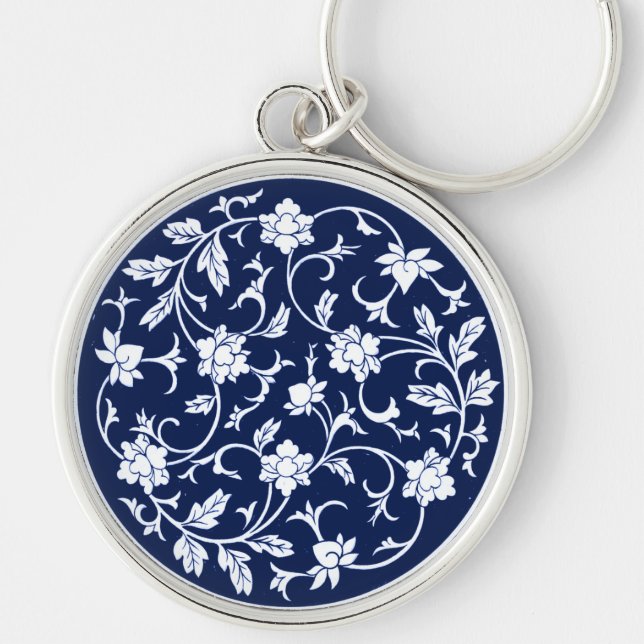 Chaveiro Mandala Azul e Branco Chinês Antiquado (Frente)