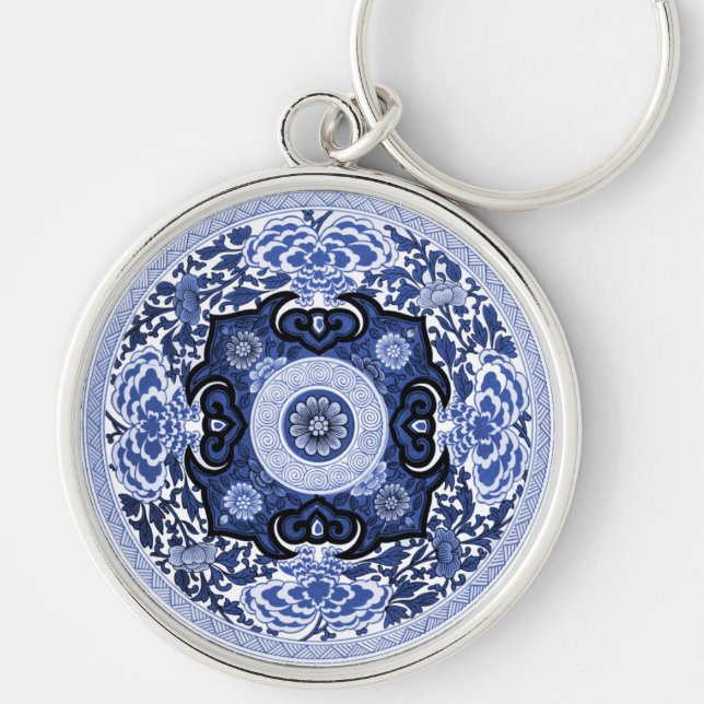 Chaveiro Mandala Azul e Branco Chinês Antiquado (Frente)
