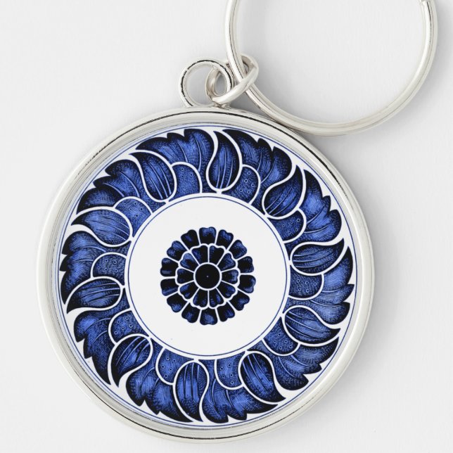 Chaveiro Mandala Azul e Branco Chinês Antiquado (Frente)