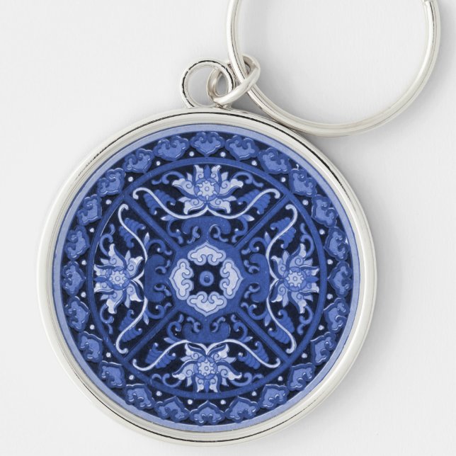 Chaveiro Mandala Azul e Branco Chinês Antiquado (Frente)