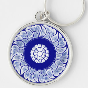 Chaveiro Mandala Azul e Branco Chinês Antiquado