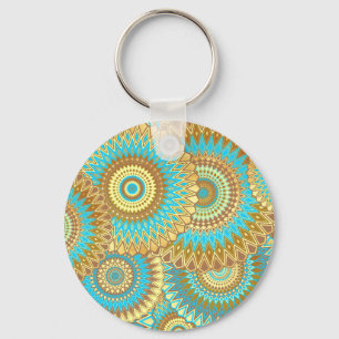 Chaveiro Mandala Azul Marrom Dourado Sobreposto