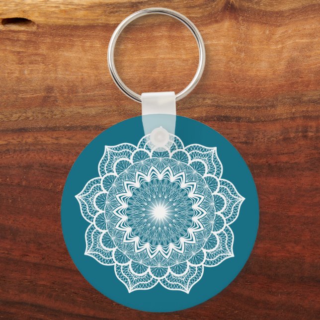 Chaveiro Mandala Branco em Fundo Azul (Frente)