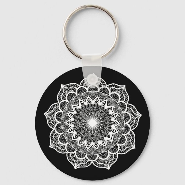 Chaveiro Mandala Branco em Fundo Preto (Verso)