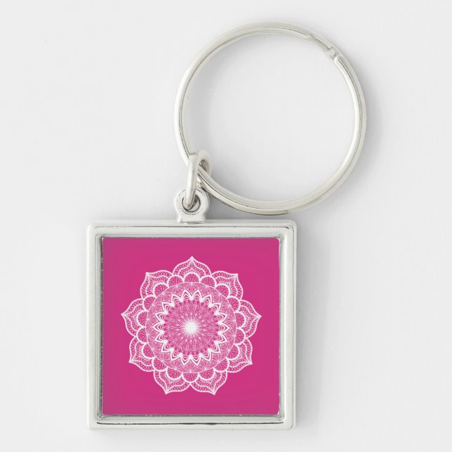 Chaveiro Mandala Branco em Fundo Rosa (Frente)