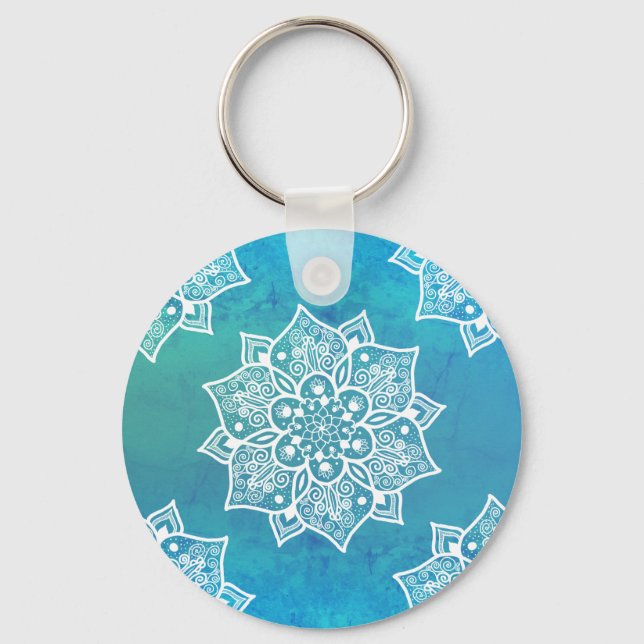 Chaveiro Mandala de cor azul-azul-turquesa moderna (Frente)