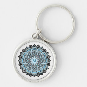 Chaveiro Mandala de Monograma Azul Ornamentado