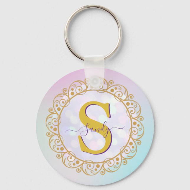 Chaveiro Mandalá de Monograma Personalizado Dourado e Azul (Frente)