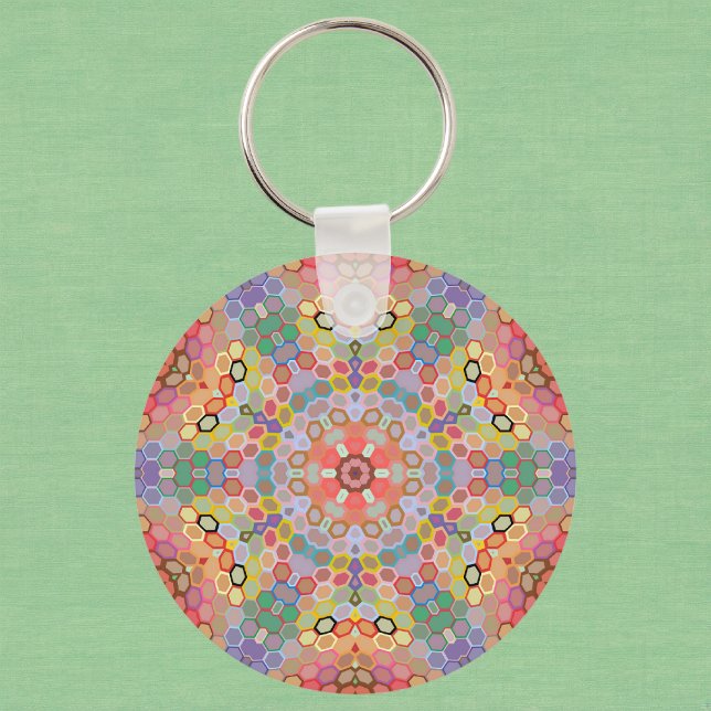 Chaveiro Mandala Hexagonal Arco-íris (Rainbow Hexagon Mandala Keychain by Wormhole Orbital)