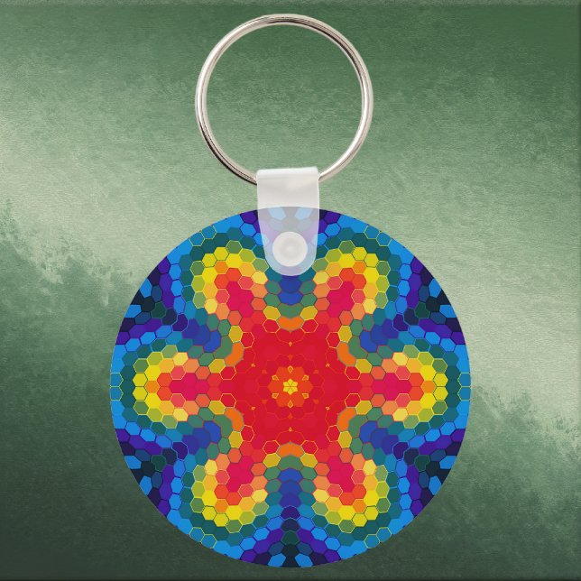 Chaveiro Mandala Hexagonal Vermelho Amarelo e Azul (Red Yellow and Blue Hexagon Mandala Keychain by Wormhole Orbital)