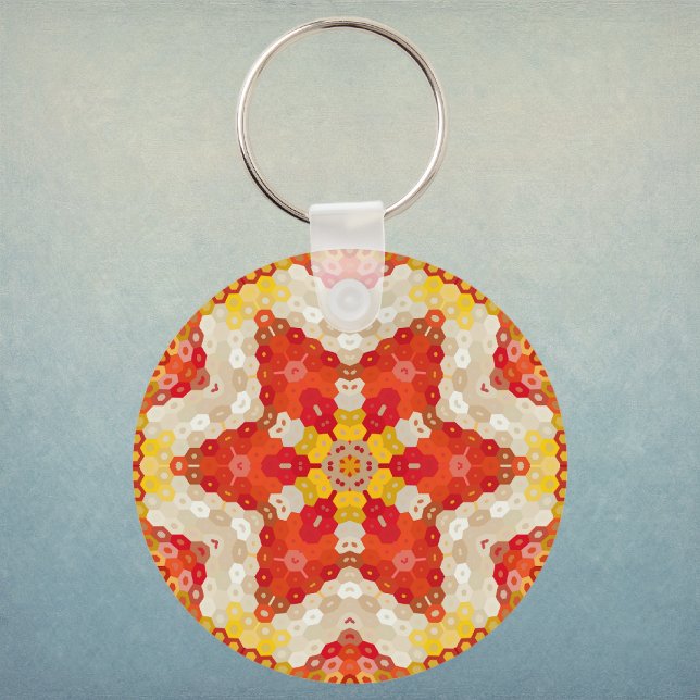 Chaveiro Mandala Hexagonal Vermelho e Amarelo (Red and Yellow Hexagon Mandala Keychain by Wormhole Orbital)