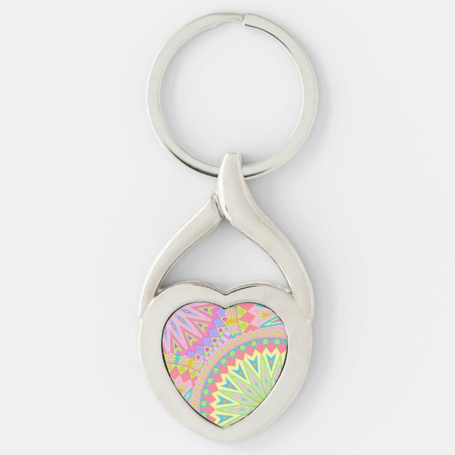Chaveiro Mandala Sobreposta Rosa Azul Amarelo Verde-Menta R (Frente)