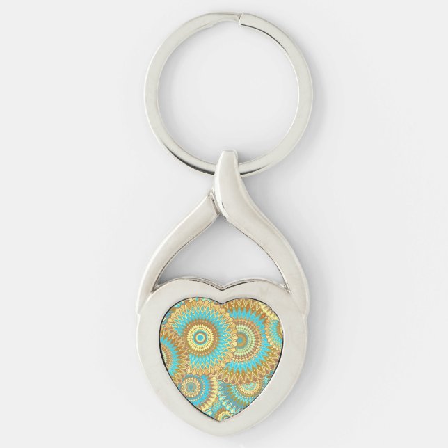 Chaveiro Mandala Sobreposto Azul Marrom Dourado (Frente)