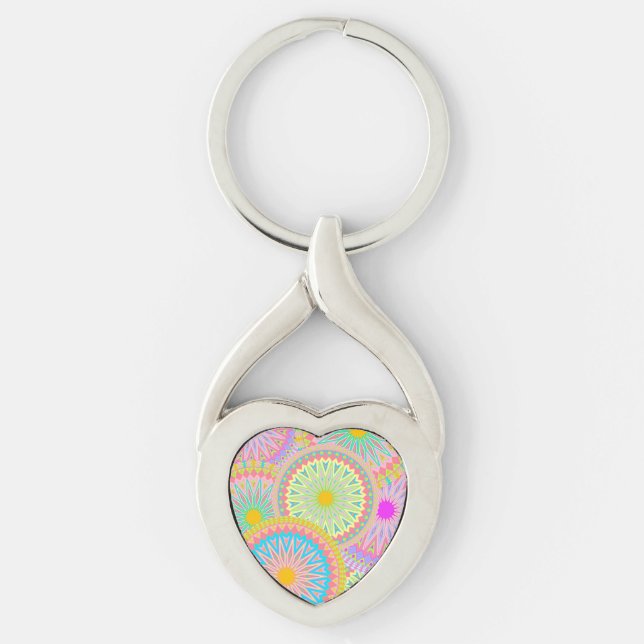Chaveiro Mandala Sobreposto Rosa Azul Amarelo Verde-Menta R (Frente)