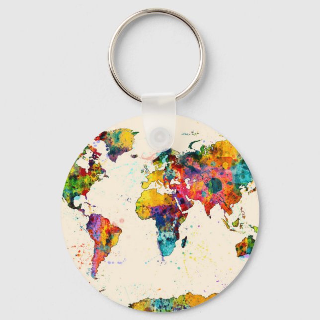 Chaveiro Mapa da Aquarela do Mapa Mundial (Frente)