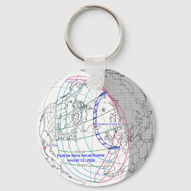 Chaveiro Mapa do Eclipse Solar Total de 2026 (Frente)