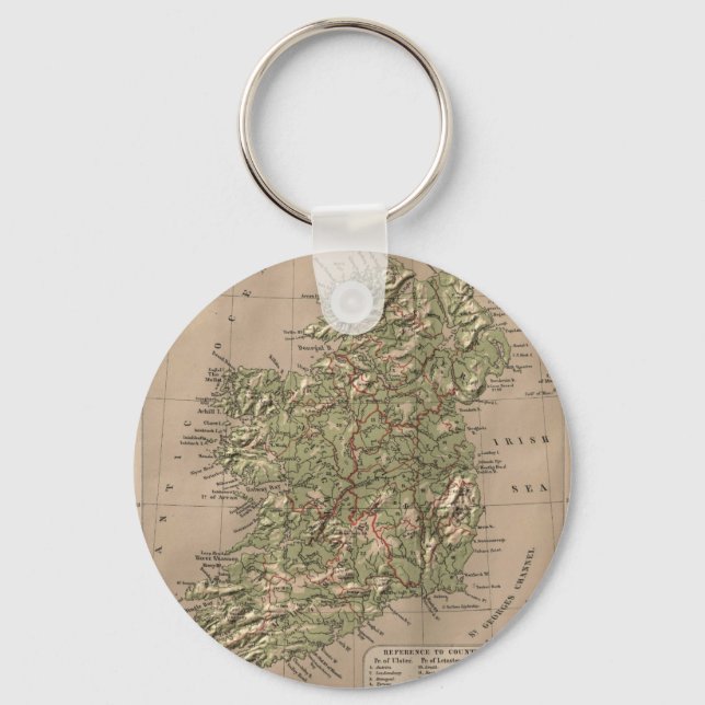 Chaveiro Mapa Físico de Vintage da Irlanda (1880) (Frente)