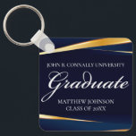 Chaveiro Marinho Azul Dourado Graduação Geométrica Formal P<br><div class="desc">Este elegante chaveiro de graduação em azul e ouro marinho apresenta linhas geométricas modernas acima de seu texto formal. O script branco clássico detalha sua escola de formandos e informações de classe. Este presente de manutenção em escala é perfeito para um formando universitário ou universitário de 2025.</div>