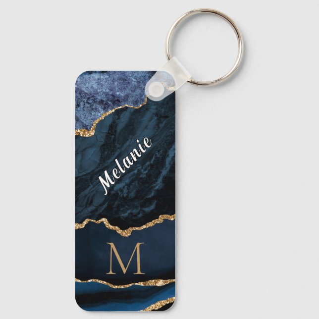 Chaveiro Marinho Azul Dourado Marble - Letra Personalizada  (Verso)