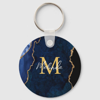 Chaveiro Marinho Azul e Ágata de mármore Dourada