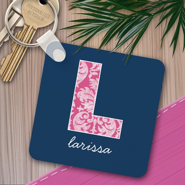 Chaveiro Marinho e Cor damasco rosa quente - Letra L (Personalized keychain - add a monogram and name)