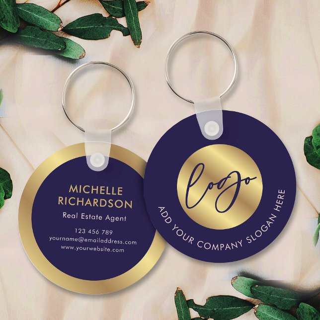 Chaveiro Marinho e Logotipo Dourado Promocional comercial i (Navy blue and gold promotional branded business logo keyring)