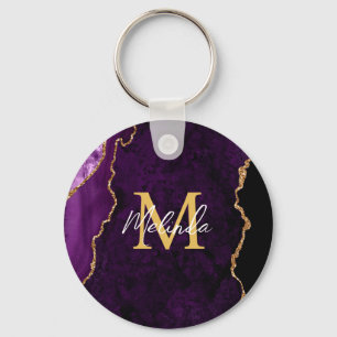 Chaveiro Mármore Ágata Roxo e Dourado