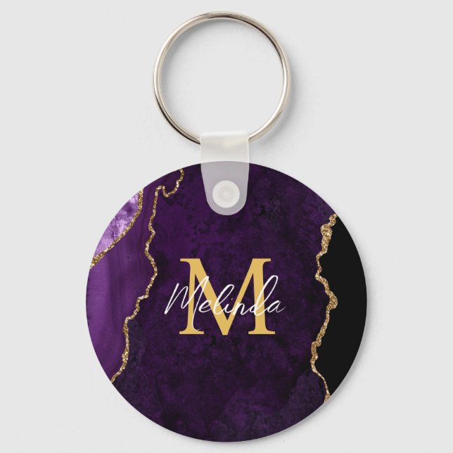 Chaveiro Mármore Ágata Roxo e Dourado (Frente)