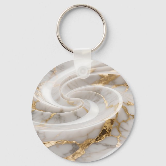 Chaveiro Mármore Branco com Padrão de Redemoinho Dourado (Frente)