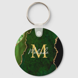 Chaveiro Mármore de Ágata Verde e Dourado