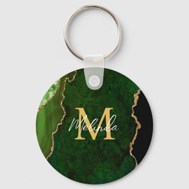 Chaveiro Mármore de Ágata Verde e Dourado (Frente)