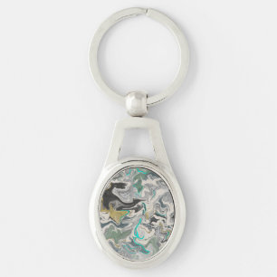 Chaveiro Marmoreado de Pedra com Veias Turquesa Oval