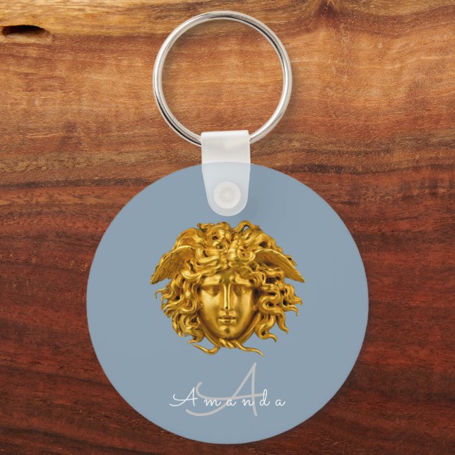 Chaveiro Máscara Medusa Dourada Monogram Couture Azul Desbo (Frente)