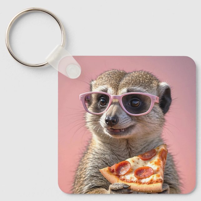 Chaveiro Meerkat bonito com óculos e pizza (Frente)