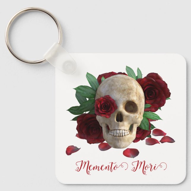 Chaveiro Memento Mori. Caveira com rosas vermelhas (Frente)
