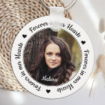 Chaveiro Memorial de Fotografia Moderna Personalizada<br><div class="desc">Honre o seu amado com um chaveiro personalizado do memorial fotográfico. Esta famosa e única manutenção de chaveiro é o presente perfeito para você, família ou amigos para prestar tributo ao seu amado. Este chaveiro do memorial apresenta um design preto e branco com escrita decorativa e corações. Cite "Para sempre...</div>