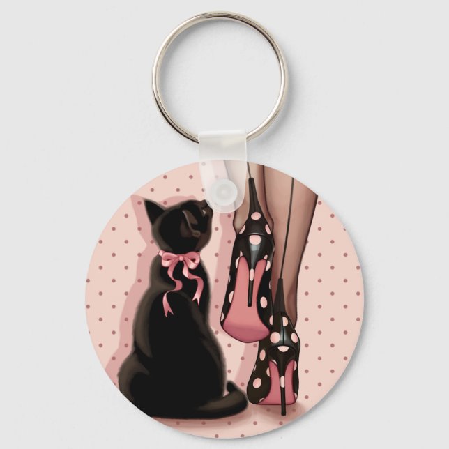 Chaveiro Menina elegante e gato preto (Frente)
