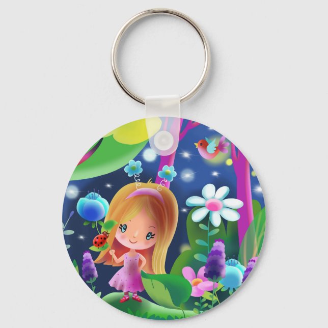 Chaveiro menina em uma floresta mágica com flores e um páss (Frente)