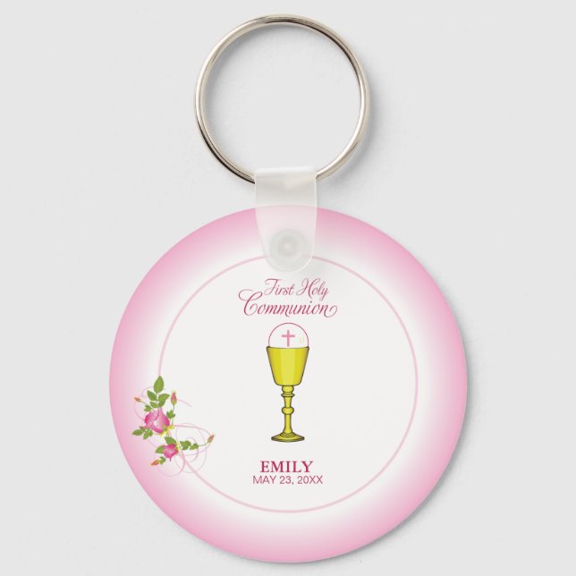 Chaveiro Menina Rosa Primeira Comunhão, Cálice, Hóstia, Ros (Frente)
