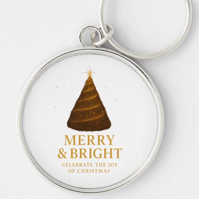 Chaveiro Merry & Bright Gold Glitter Christmas Round (Frente)
