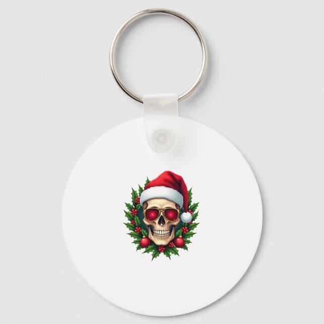Chaveiro Merry Christmas Sugar Skull Santa Hat Family Xmas  (Frente)