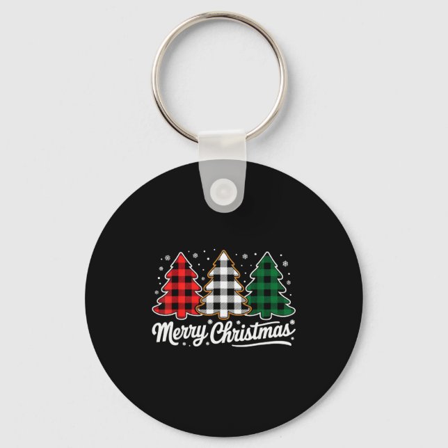 Chaveiro Merry Christmas Tree Xmas Buffalo Plaid Red White  (Frente)