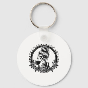 Chaveiro Messy Bun Skeleton Bebendo Café Vintage Hallowe
