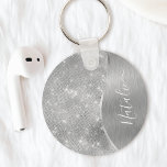 Chaveiro Metálico Personalizado Da Glitter De Prata Glam<br><div class="desc">Personalize facilmente este metal escovado prateado e um chaveiro de padrão brilhante faux glamouroso com seu próprio nome personalizado.</div>