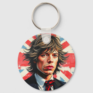 Chaveiro Mick Jagger Rolling Stones em frente a um Union Ja