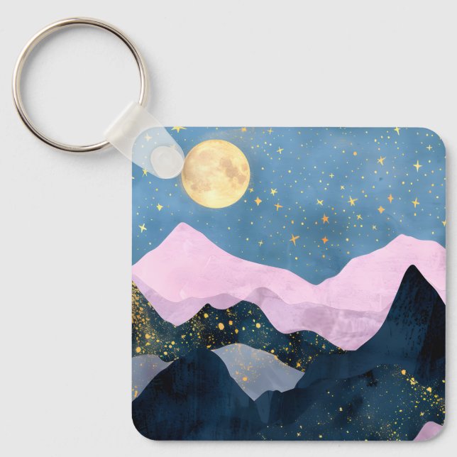 Chaveiro Minimalista Lua Estrelas Montanha Vale Celestial (Frente)