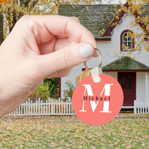 Chaveiro Mínimo Moderno Inicial + Nome Monograma Coral